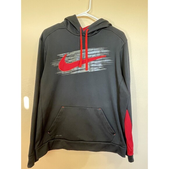 Nike Mens Hoodie Black/ red logo Size Large Therma Fit 100% Polyester - Picture 1 of 6